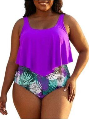 Mooncore Plus Size 4XL Two Piece Swimsuit Flounce Ruffle Top High Waisted Bottom